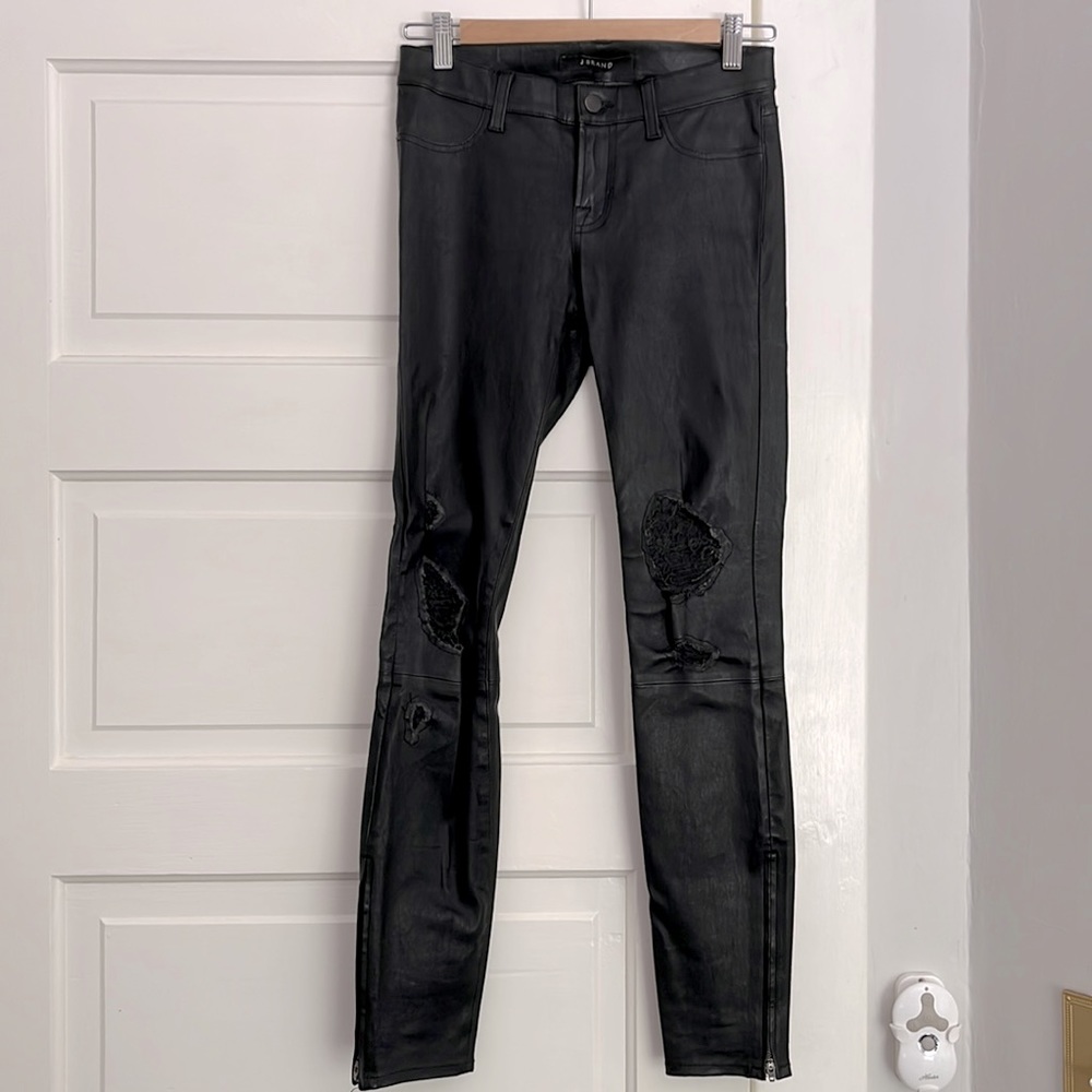 J Brand Destroyed Black Stretch Leather Skinny Legging Jeans sz 25